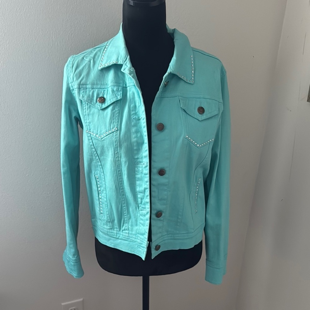 Get Lucky USA aqua rhinestone detailing‎ back beading jean jacket Sz S